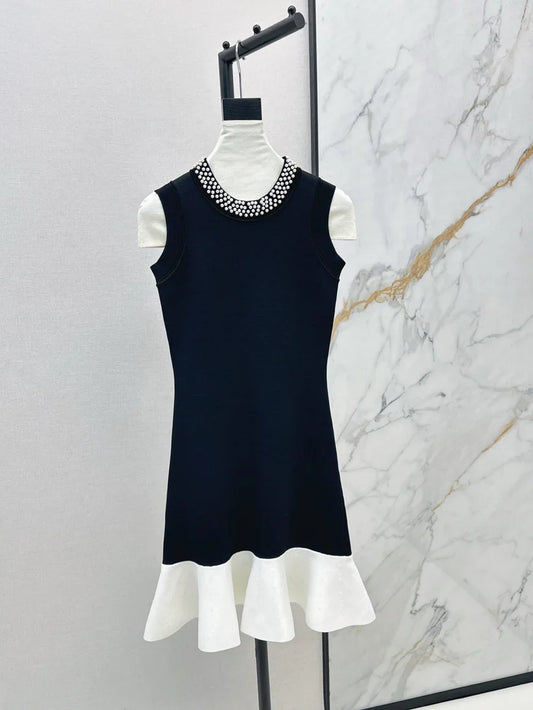 Pearl Neckline Black and White Contrast Dress