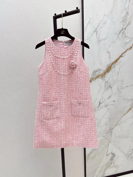 Linen Dress with Floral Necklace Detail on Chest