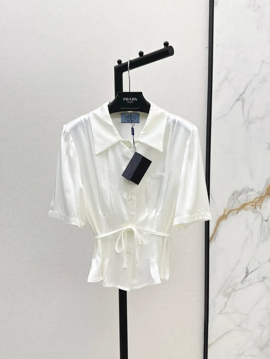 Pleated Waist-Tie Short Sleeve Shirt