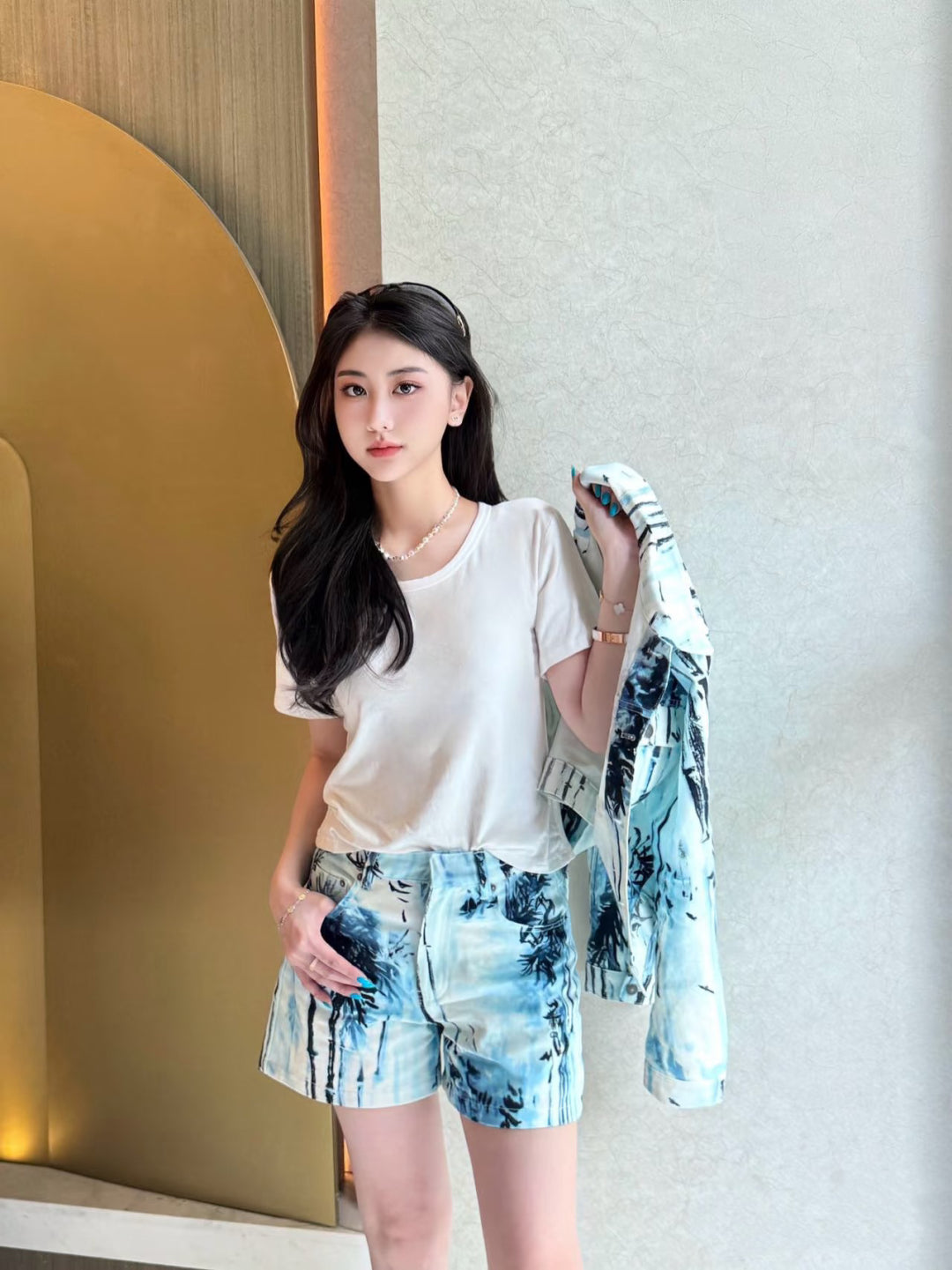 25ss print denim short