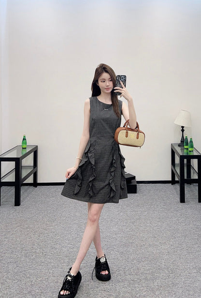 ♥2025 new product Plaid lace vest skirt