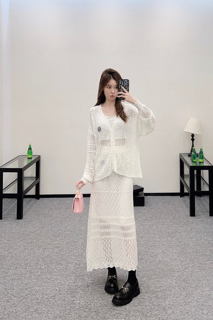 2025 new product Hollow cardigan and skirt set