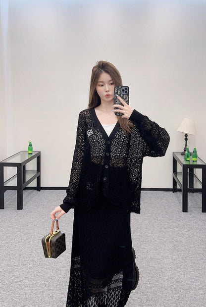 2025 new product Hollow cardigan and skirt set