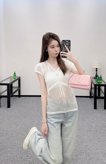 2025 new product Hollow knitted short sleeves