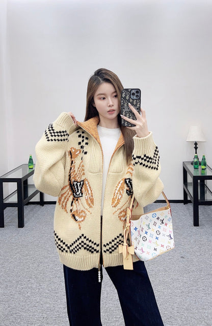 25fw Large lapel zip-up sweater jacket