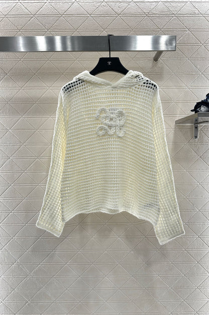25fw Embroidered hollow hooded pullover sweater