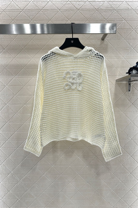 25fw Embroidered hollow hooded pullover sweater
