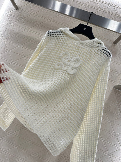 25fw Embroidered hollow hooded pullover sweater
