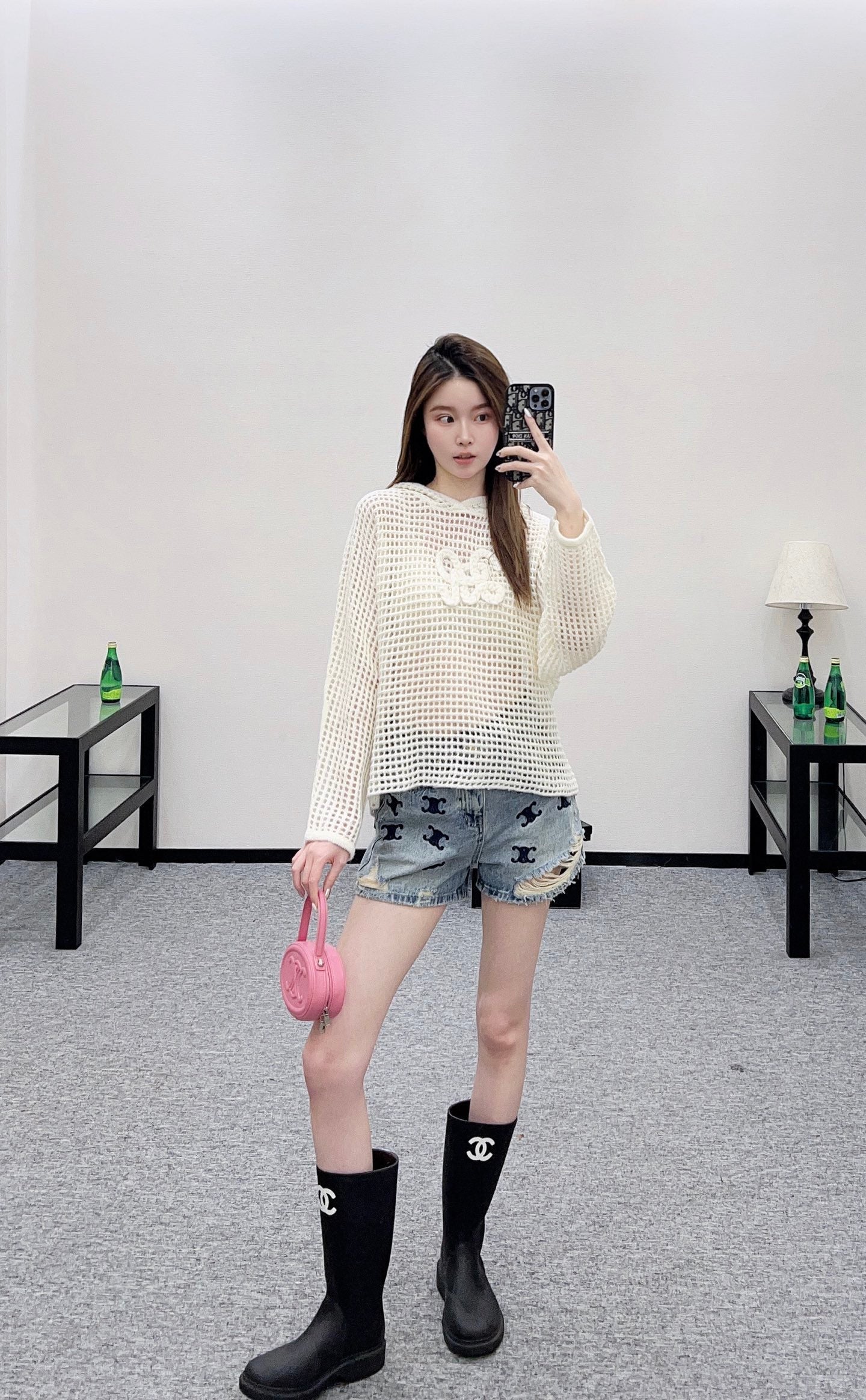 25fw Embroidered hollow hooded pullover sweater