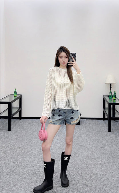 25fw Embroidered hollow hooded pullover sweater