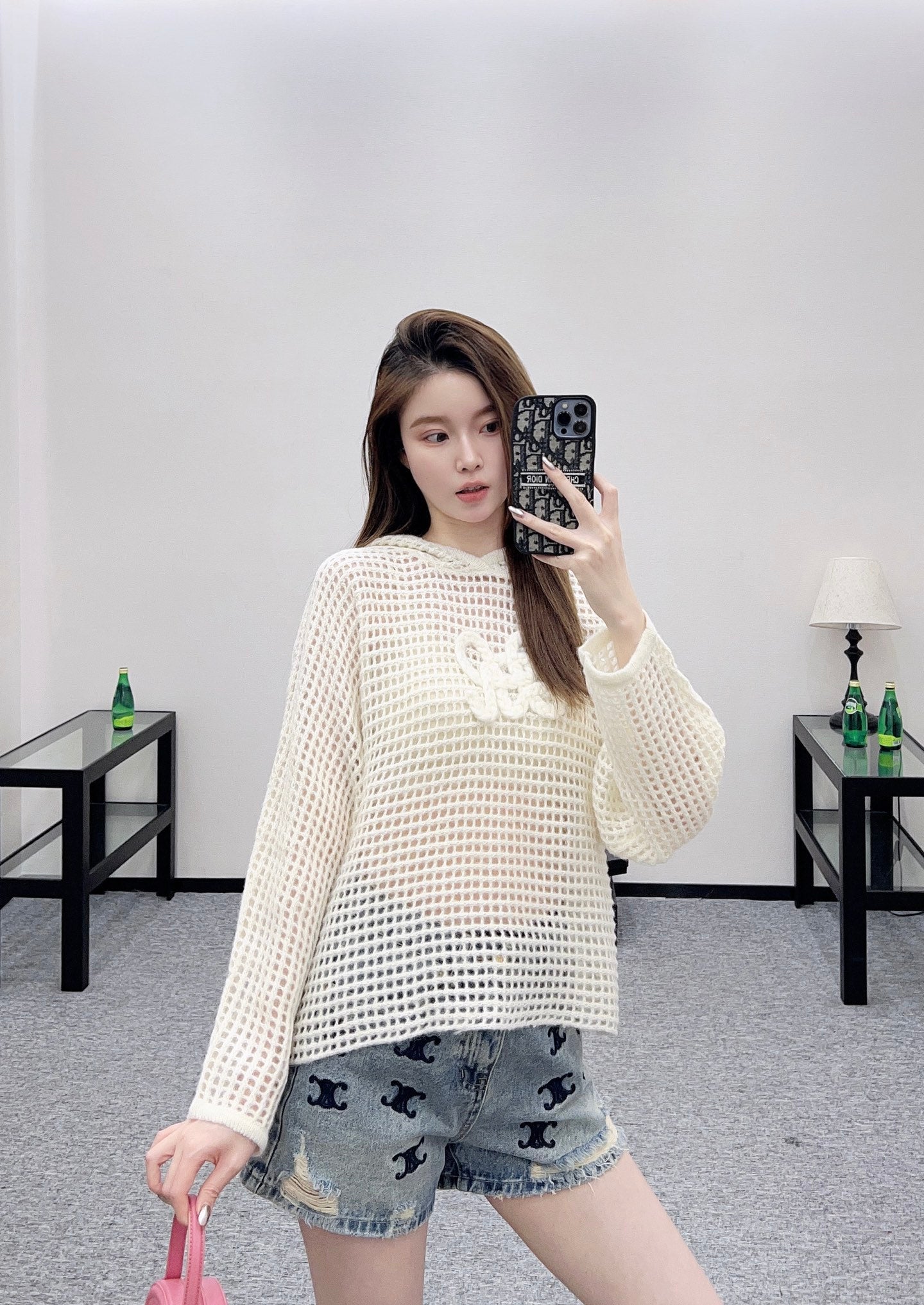 25fw Embroidered hollow hooded pullover sweater