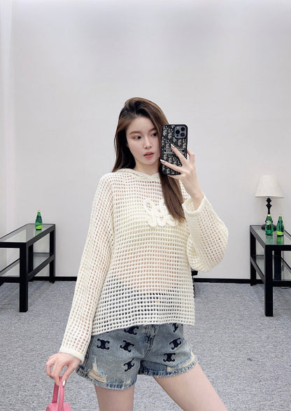 25fw Embroidered hollow hooded pullover sweater