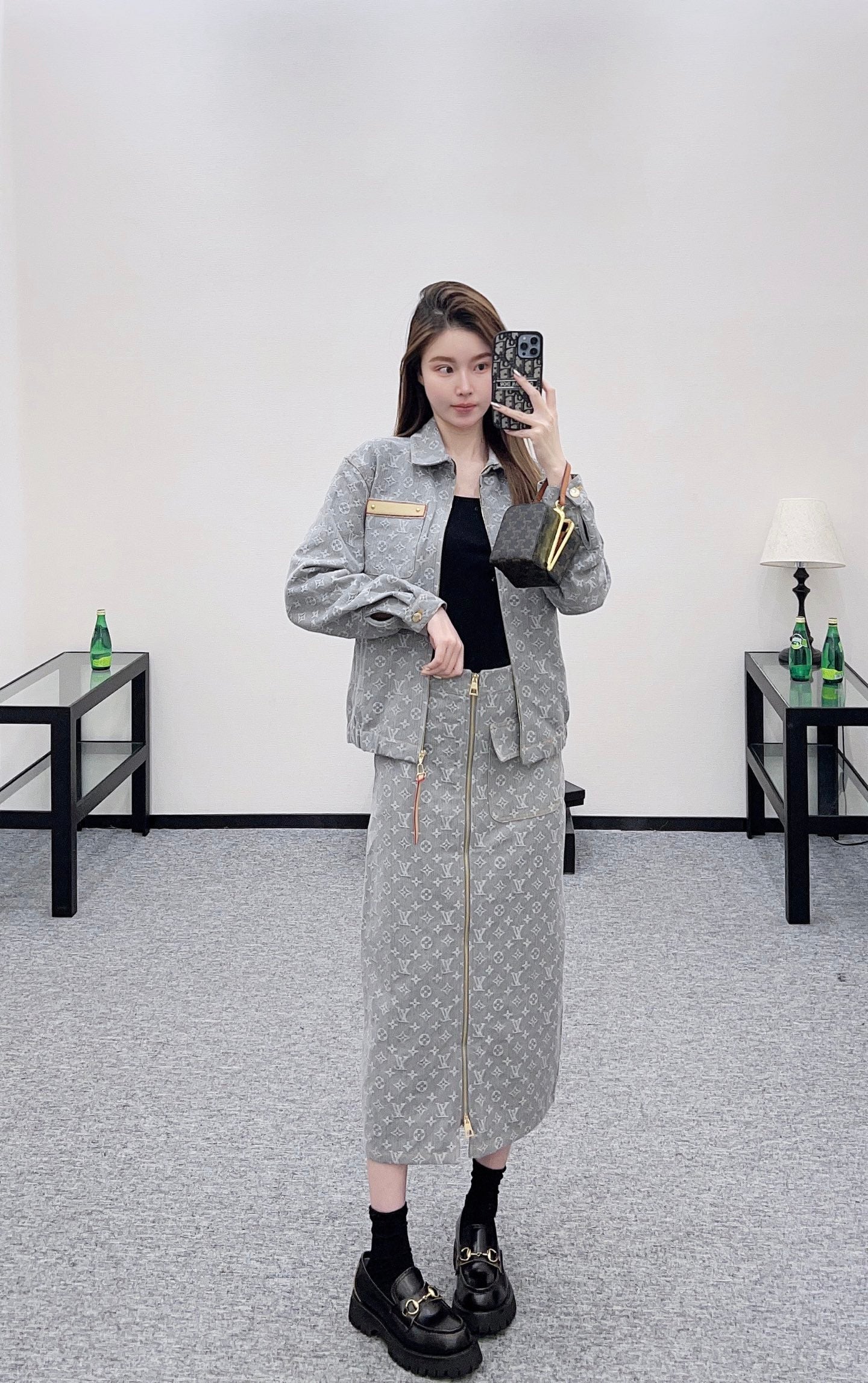 25 Denim jacquard jacket and skirt suit