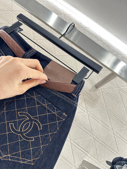 25fw Belted denim straight-leg trousers