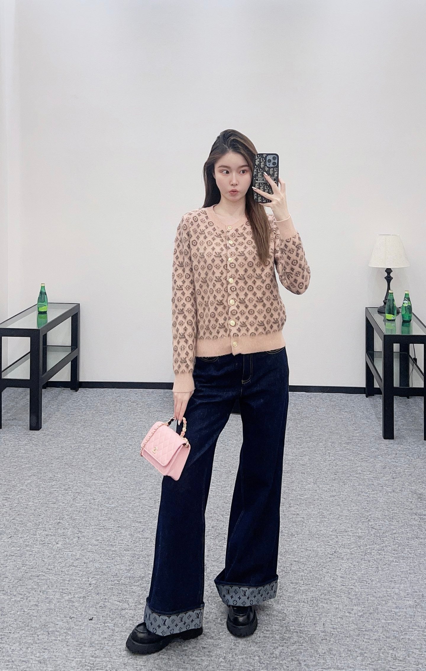 25fw crew neck jacquard knit cardigan