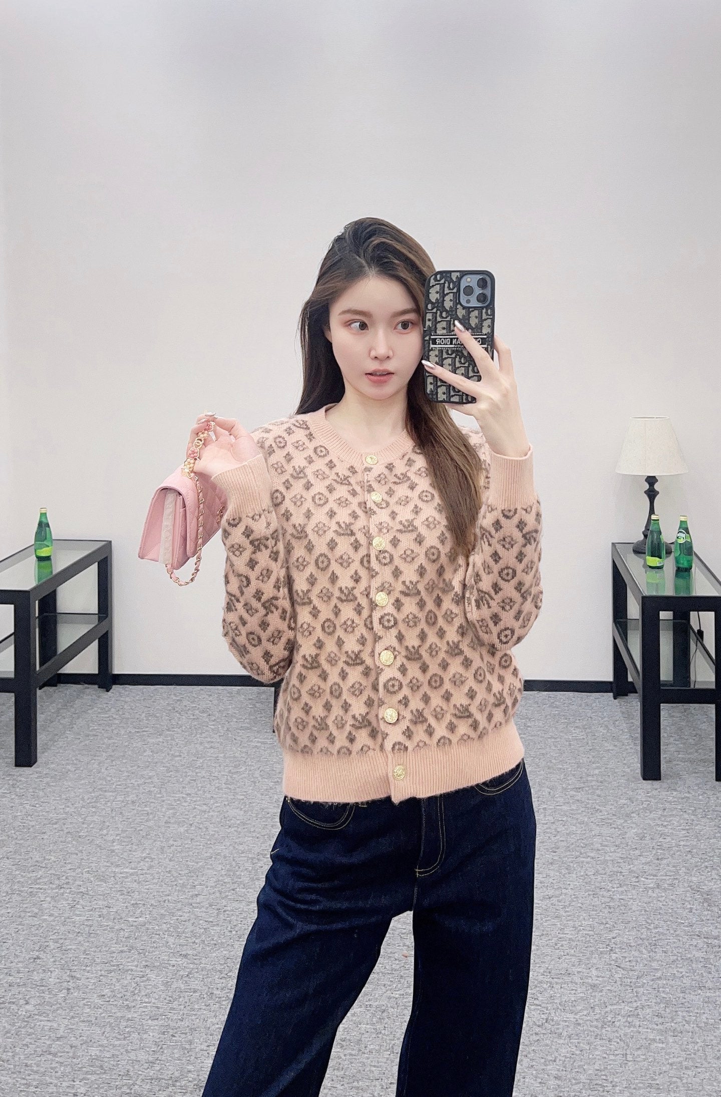 25fw crew neck jacquard knit cardigan