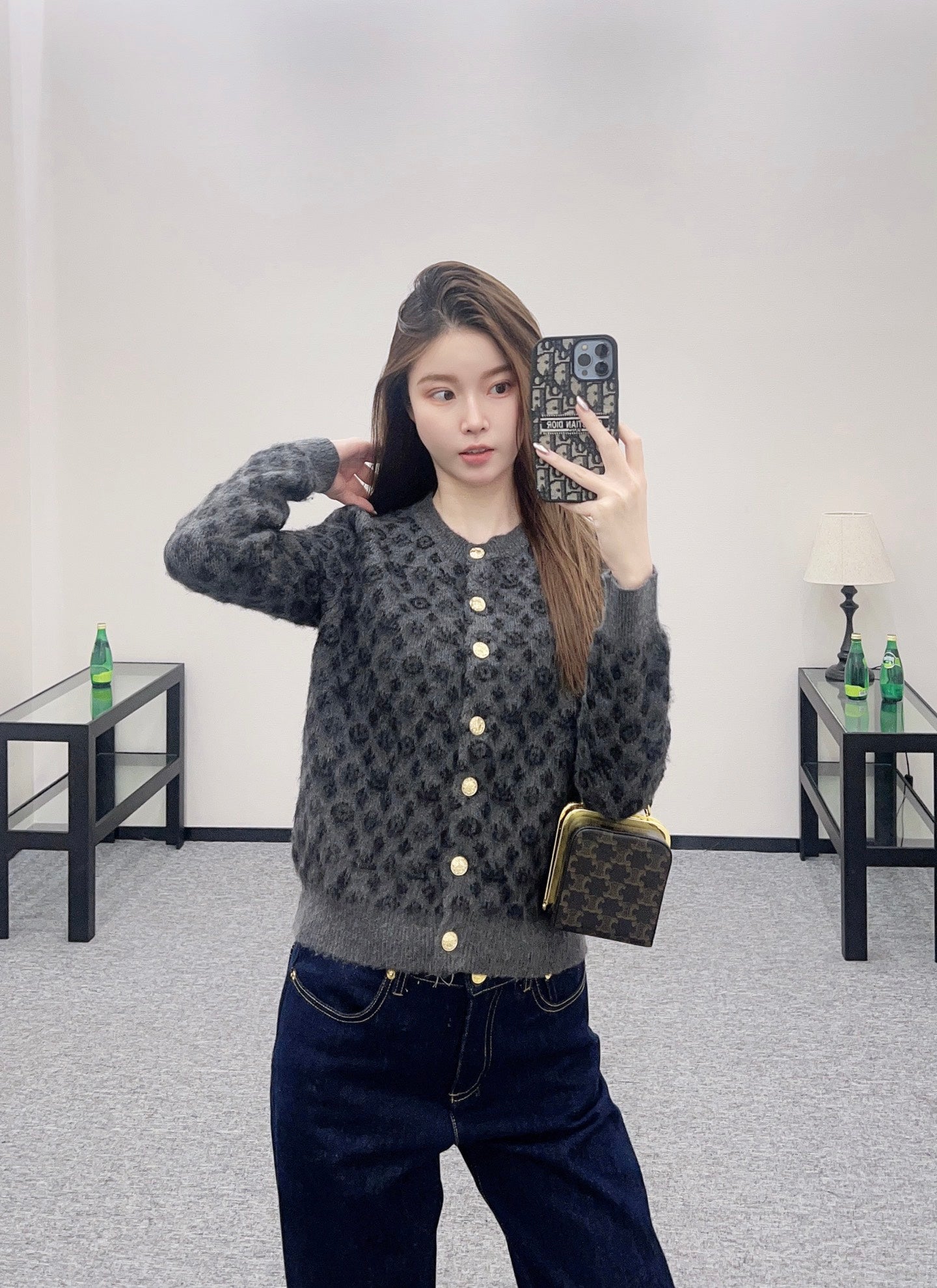 25fw crew neck jacquard knit cardigan