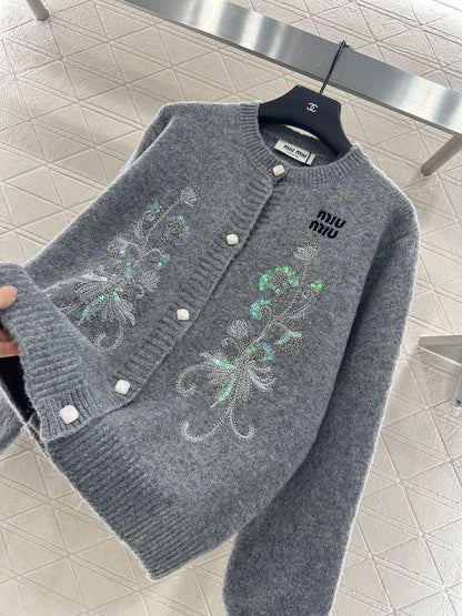 25fw new round neck embroidered knitted cardigan