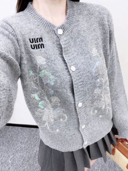 25fw new round neck embroidered knitted cardigan