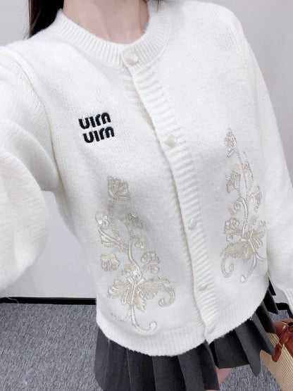 25fw new round neck embroidered knitted cardigan