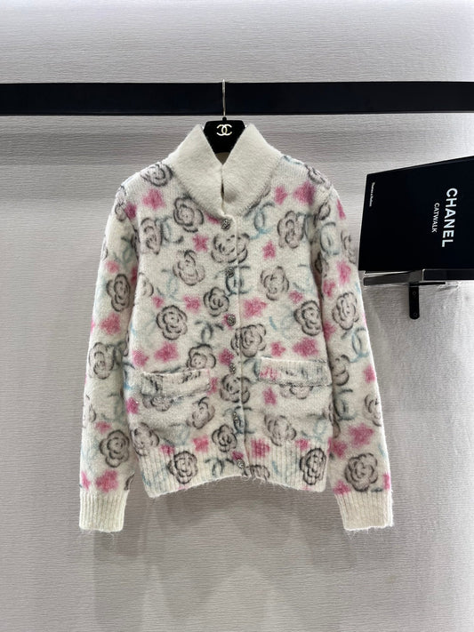 25fw new stand collar camellia knitted cardigan