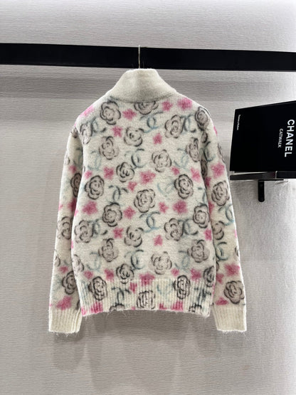 25fw new stand collar camellia knitted cardigan