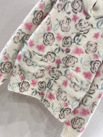 25fw new stand collar camellia knitted cardigan