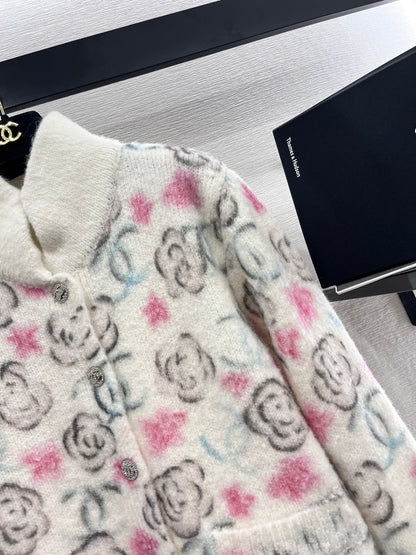 25fw new stand collar camellia knitted cardigan