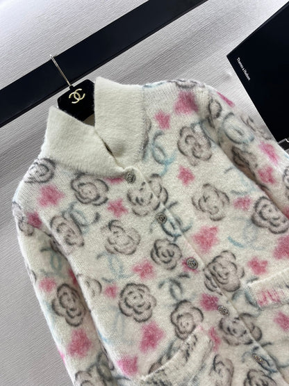 25fw new stand collar camellia knitted cardigan