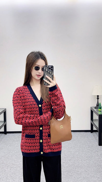 25fw new V-neck jacquard knitted cardigan