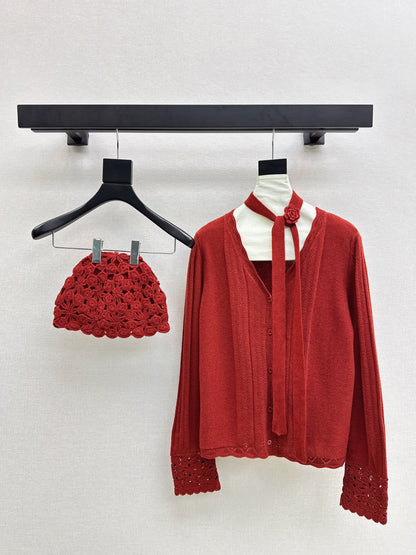 25fw new V-neck cardigan + flower hollow knitted hat set