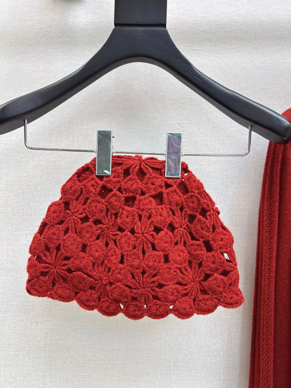 25fw new V-neck cardigan + flower hollow knitted hat set