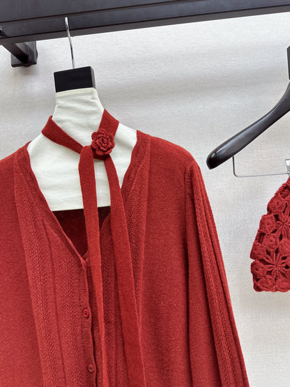 25fw new V-neck cardigan + flower hollow knitted hat set