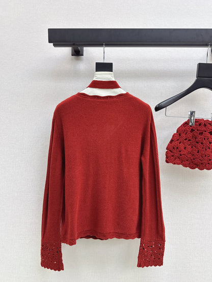 25fw new V-neck cardigan + flower hollow knitted hat set