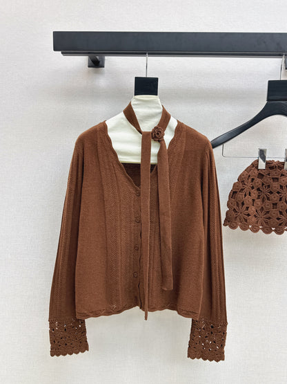 25fw new V-neck cardigan + flower hollow knitted hat set