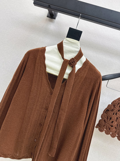 25fw new V-neck cardigan + flower hollow knitted hat set