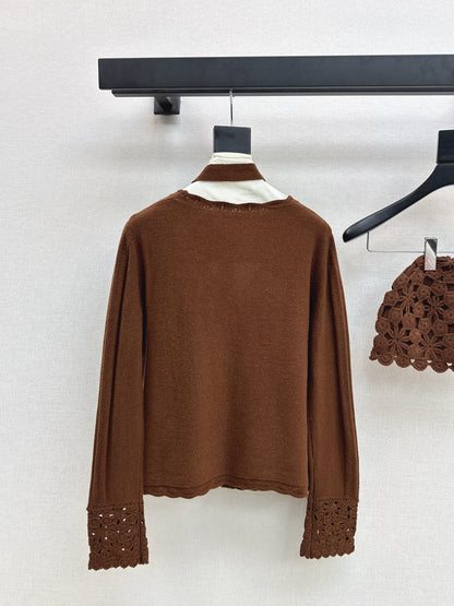 25fw new V-neck cardigan + flower hollow knitted hat set