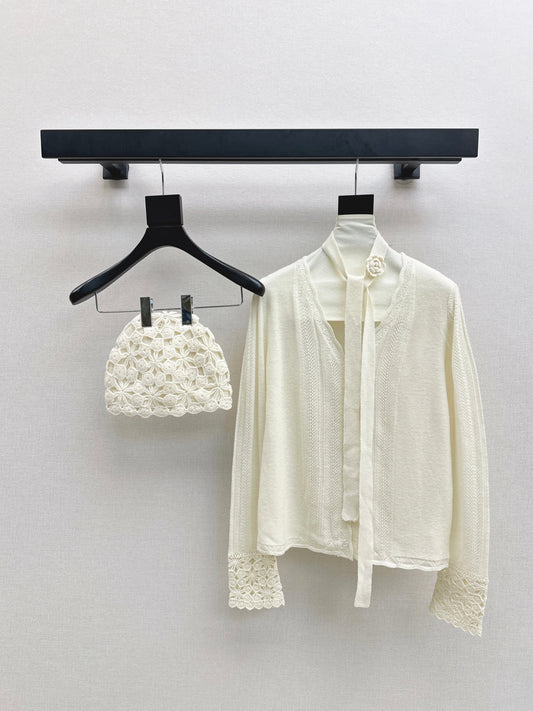 25fw new V-neck cardigan + flower hollow knitted hat set