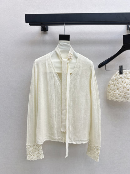 25fw new V-neck cardigan + flower hollow knitted hat set