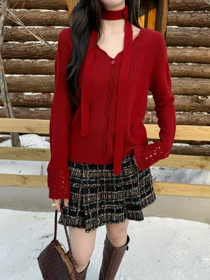 25fw new V-neck cardigan + flower hollow knitted hat set