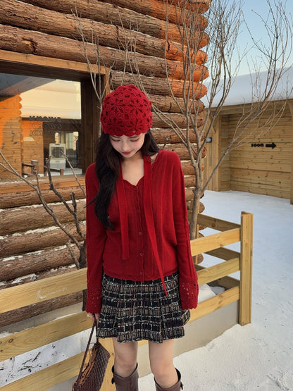 25fw new V-neck cardigan + flower hollow knitted hat set