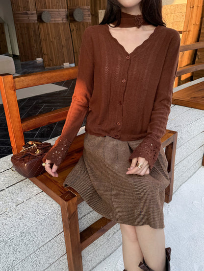 25fw new V-neck cardigan + flower hollow knitted hat set