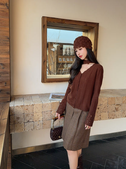 25fw new V-neck cardigan + flower hollow knitted hat set