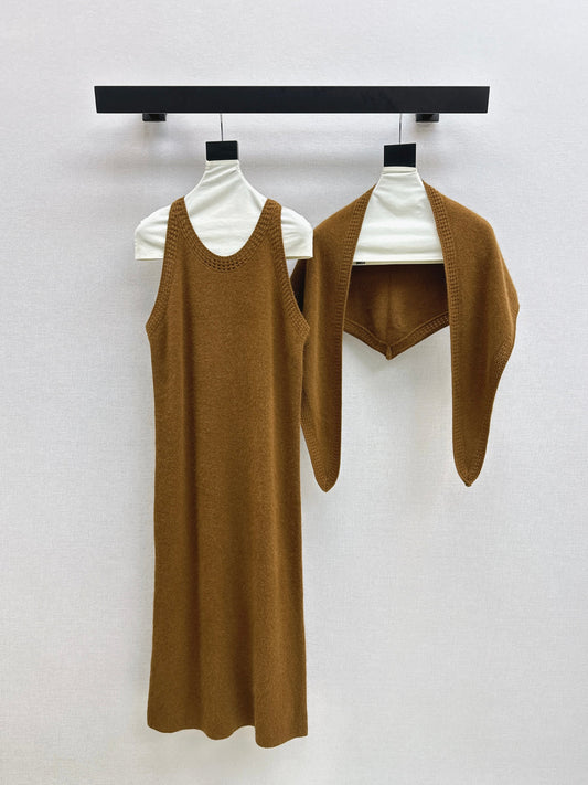 25fw new round neck wool dress with matching shawl