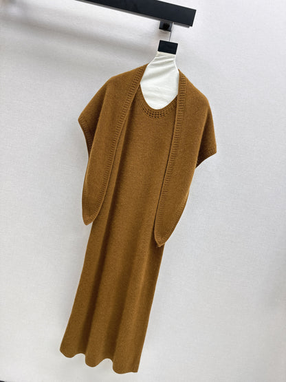 25fw new round neck wool dress with matching shawl