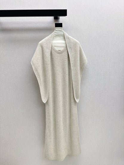 25fw new round neck wool dress with matching shawl