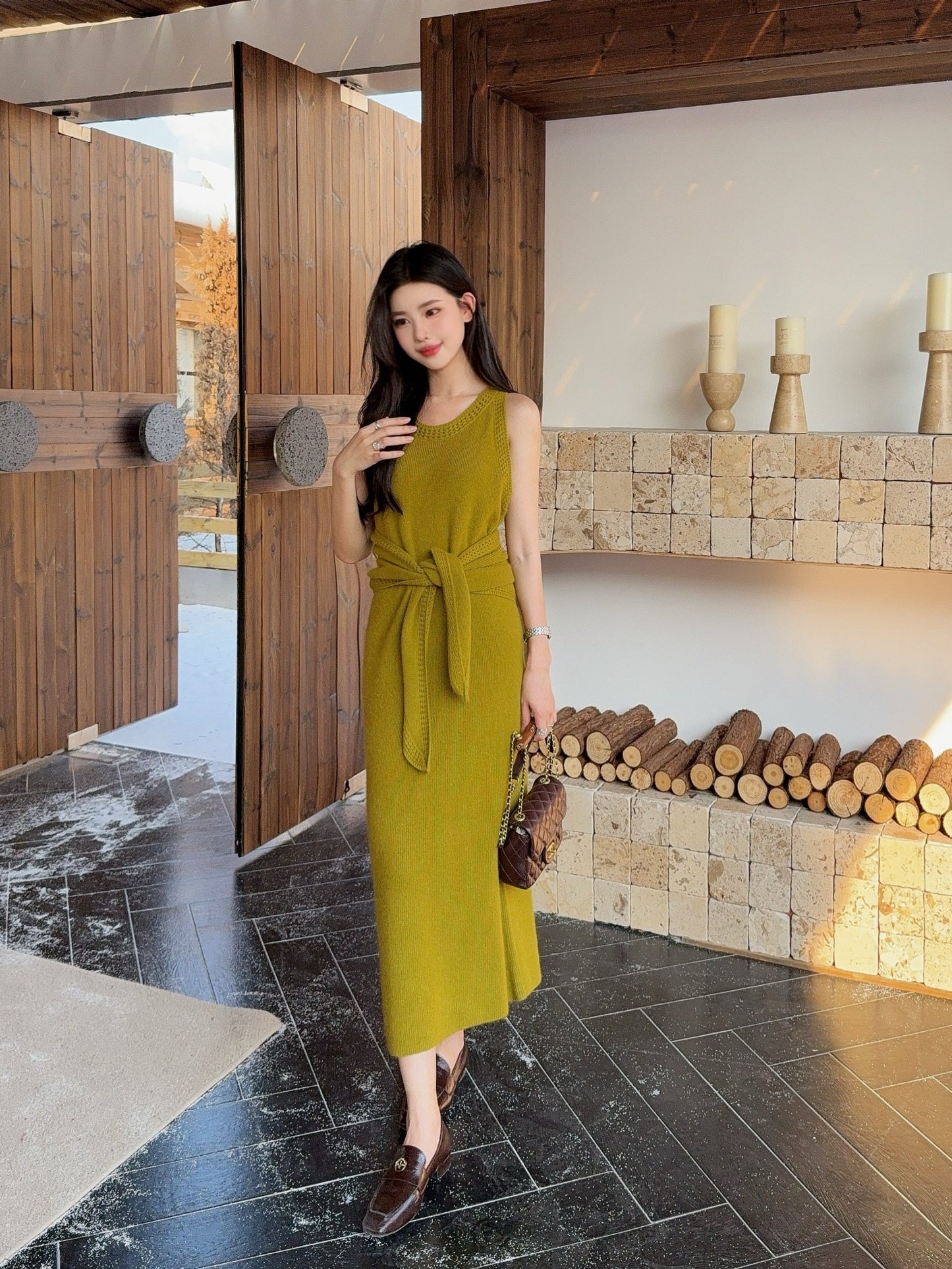 25fw new round neck wool dress with matching shawl