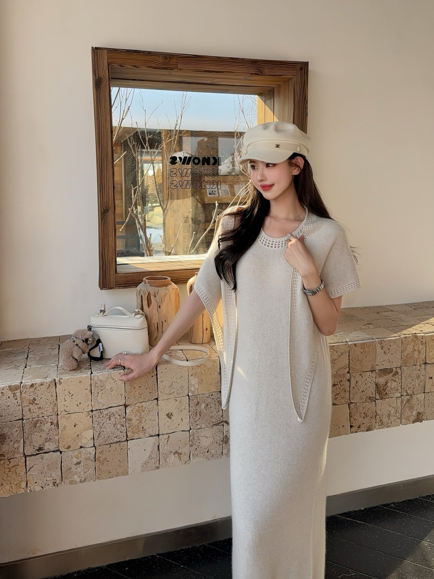 25fw new round neck wool dress with matching shawl