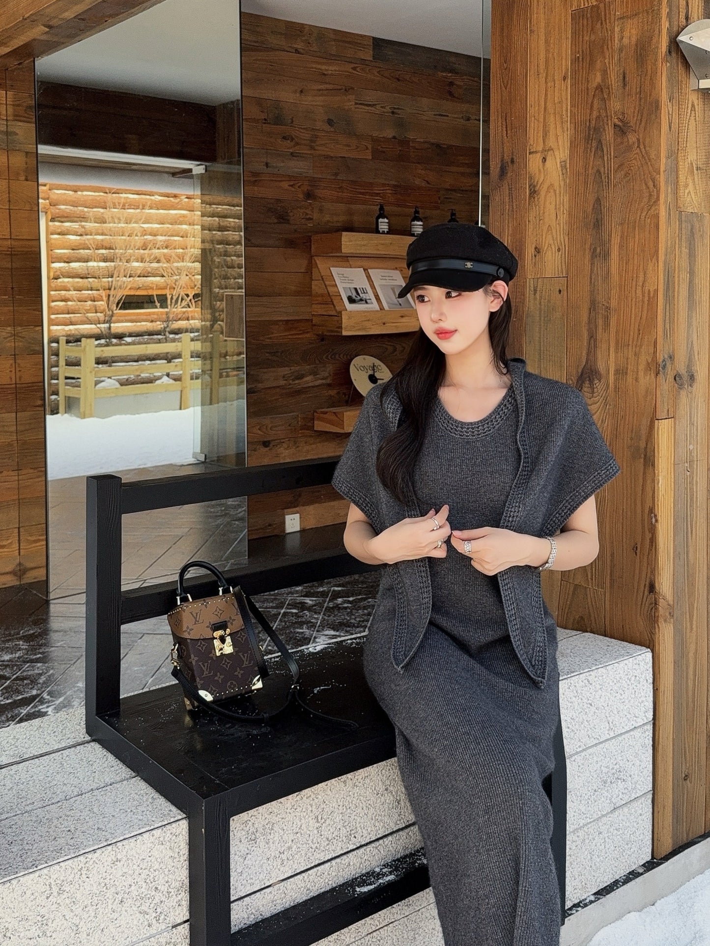 25fw new round neck wool dress with matching shawl