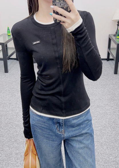 25 Fake two-piece round neck long sleeves